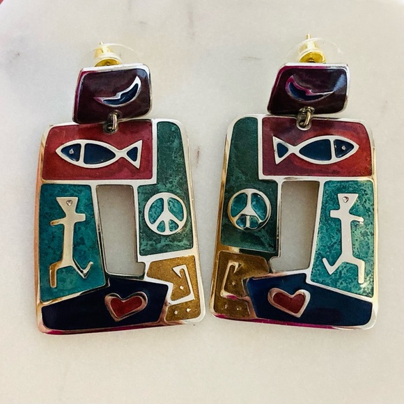 Edgar Berebi Enamel Dangle Stud Earrings Silver Tone Fish Man Peace Sign Heart - Picture 7 of 11
